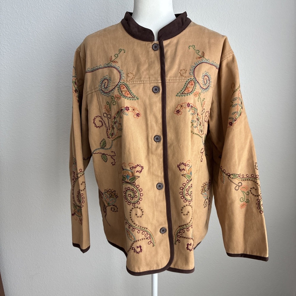 Denim & Co Embroidered Twill Tan Shirt Jacket Shacket Western Floral Size 1X